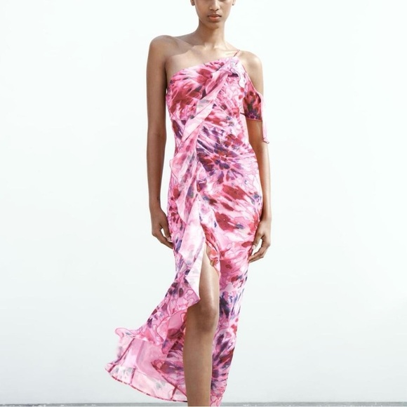Zara Dresses & Skirts - Zara Womens Asymmetrical Ruffled Printed Midi Dress XS Pink Lined One Shoulder